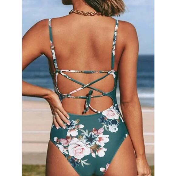 Cupshe Floral Lace Up One Piece Swimsuit Green / Teal Floral Large - Picture 2 of 9